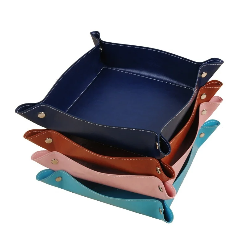 

Desk Storage Tray PU Folding Imitation Leather Tray Sundries Key Snack Decoration Box Organizer Creative Office