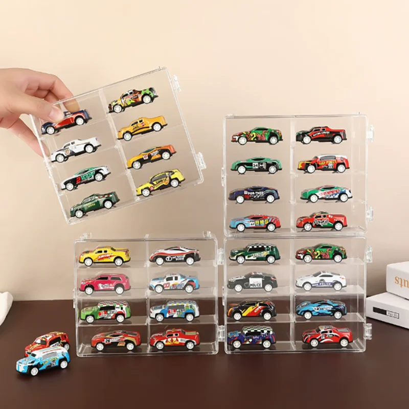 Фото Акриловая автомобильная витрина 1:64 для Hot Wheels, модель автомобиля, игрушка, 8 сеток, стойка для шкафа, пылезащитные штабелируемые автомобильные ящики для хранения, прозрачные №2