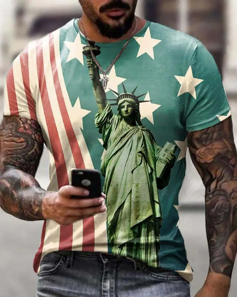 

Trendyol Men Statue Of Liberty Print Short Sleeve T Shirt Uomo Summer New Mens Oversize Vintage Tshirt For Men Poleras De Hombre