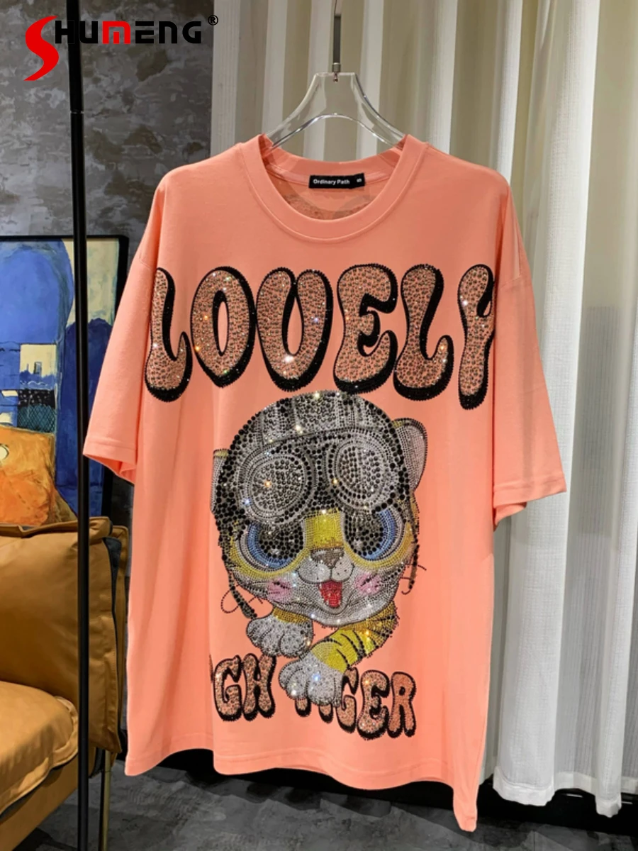 

Summer Streetwear Rhinestone T-shirts Casual Loose Women's Hot Drilling Flying Tiger Cartoon Cotton Short Sleeve Tee Tops