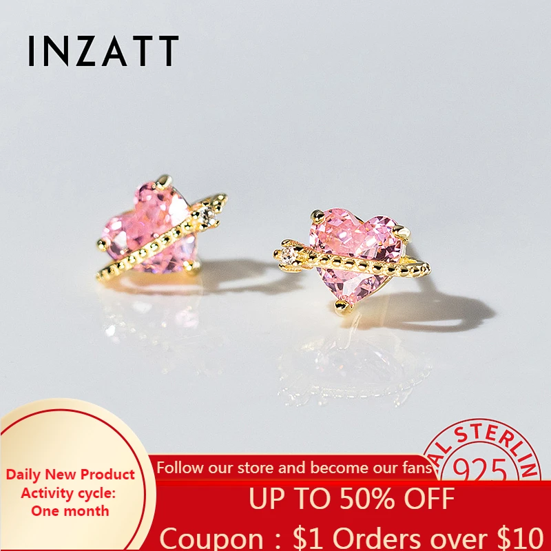 

INZATT Real 925 Sterling Silver Zircon Heart Stud Earrings For Fashion Women Geometric Fine Jewelry Minimalist Accessories