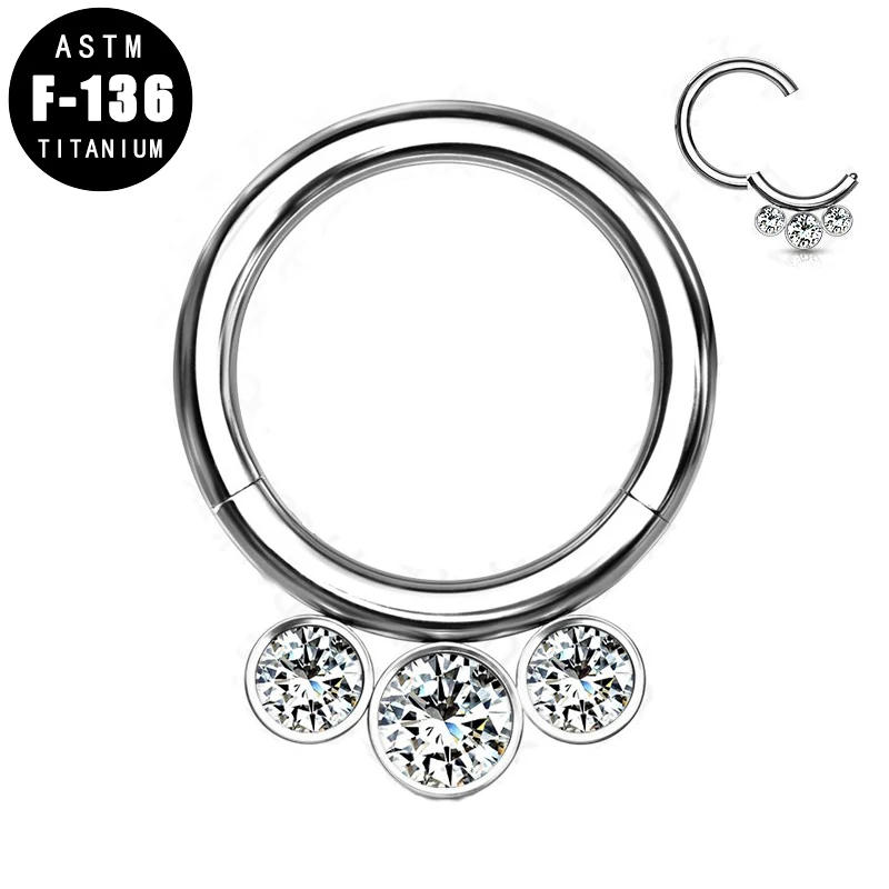 

ASTM F136 Titanium Nose Studs Hinged Segment Hoop Rings 3 Inner Bezel Set Crystals Ear Helix Tragus Earrings Piercing Jewelry