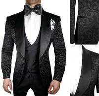3 pieces black men suits jacquard high quality wedding tuxedos peaked lapel blazer pant suits vest tailored formal male clothing