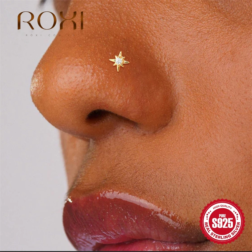 Фото ROXI 1 шт. Серебряные серьги-гвоздики 925 пробы с блестящими цирконами, в форме цветка и октаграммы, для пирсинга, женский аксессуар для повседневной носки, банкетов и свиданий №5