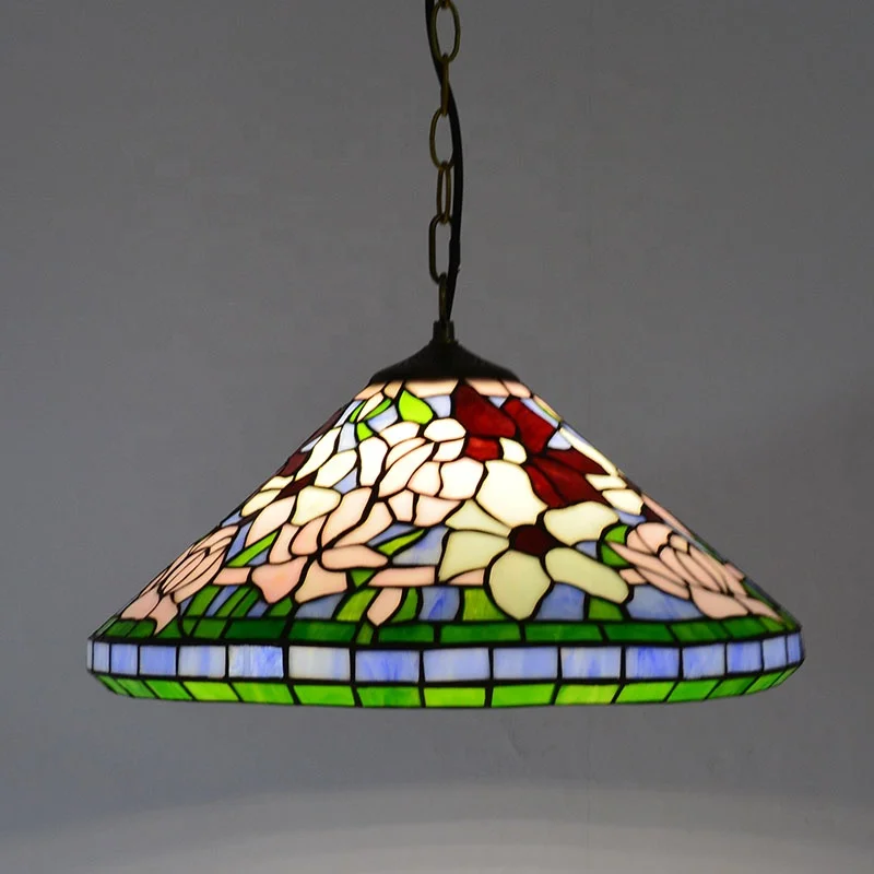 

LongHuiJing Floral Tiffany Style Stained Glass Ceiling Pendant Light With 16 inches Wide Cone Shape Lampshade Lights