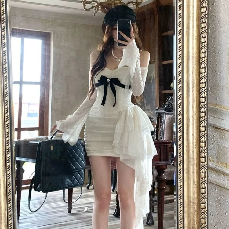 Женское облегающее платье с длинным рукавом Привлекательное бантом открытыми