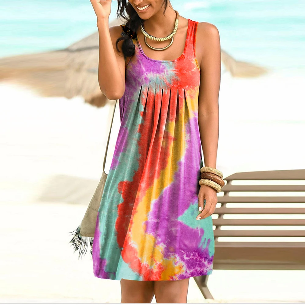 

Summer Women Casual Mini Dress Fashion Sleeveless O Neck Pleated Tie Dye Printed Loose Beach holiday Dresses Female Vestidos