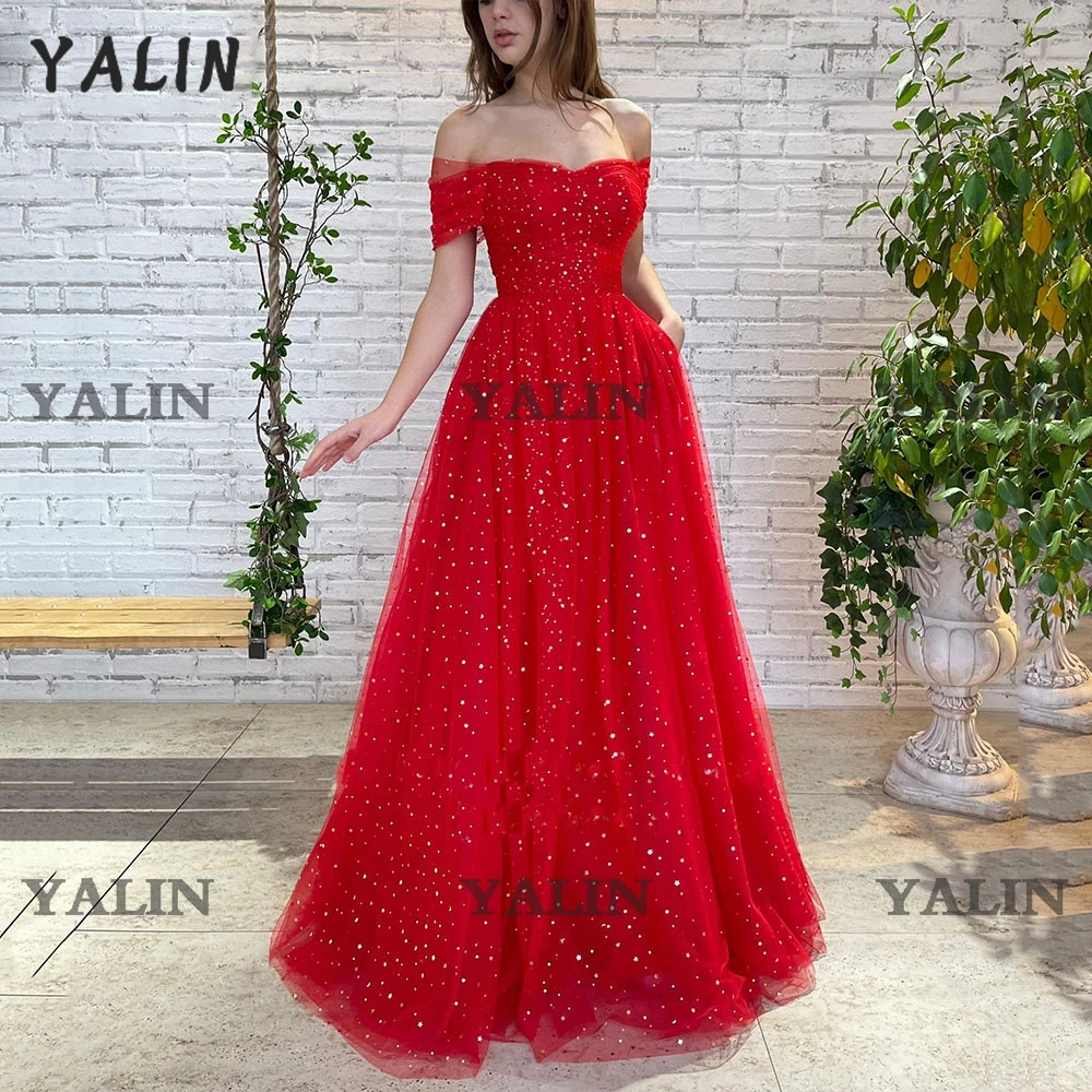 

Сверкающее вечернее платье YALIN с открытыми плечами, красное Звездное Тюлевое платье в пол, ТРАПЕЦИЕВИДНОЕ стандартное длинное вечернее пла...