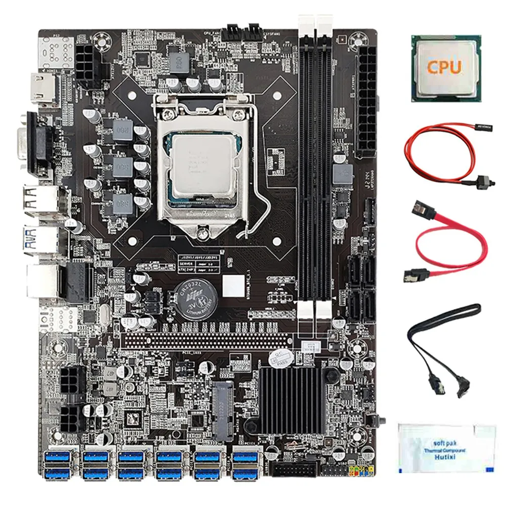 

B75 12 Card BTC Mining Motherboard CPU+Thermal Paste+Switch Cable+2X SATA Cable 12 USB3.0 Slot LGA1155 DDR3 RAM SATA3.0