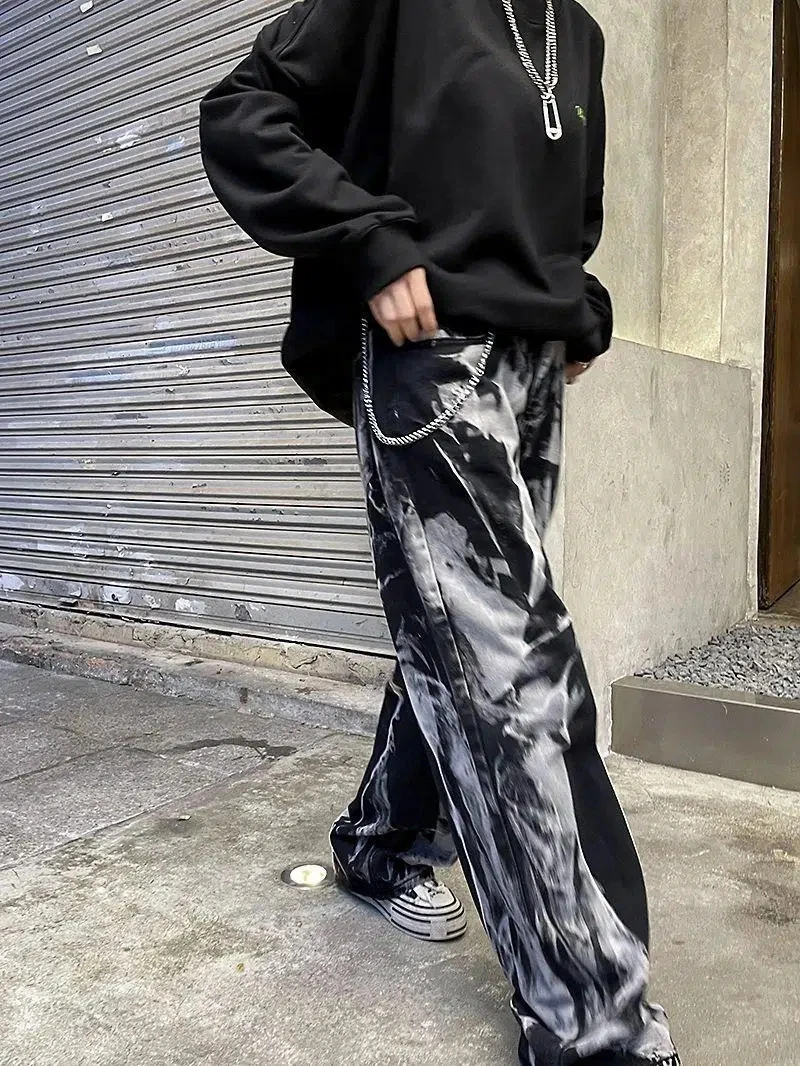 Vintage Pants Trendy Tie Dye Gradient Straight Y2k Baggy Jeans Men American High Street Loose Drape Wide-Leg Pants Man