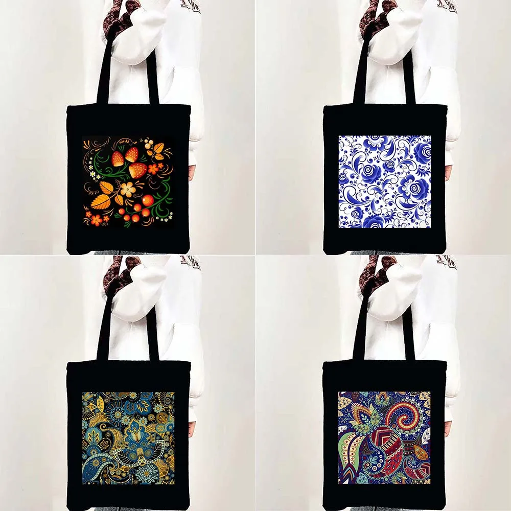 

Настраиваемый рисунок на русском языке, цыганский цветок, мандала, Женская Холщовая Сумка-тоут через плечо, сумка для покупок, милая сумка д...