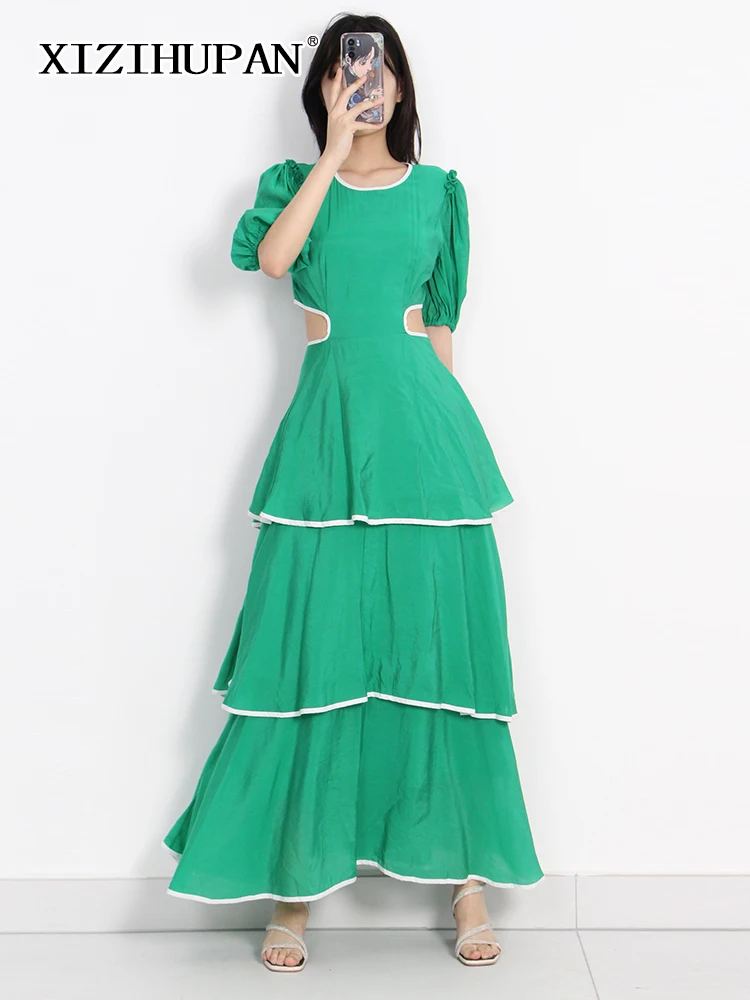 

XIZIHUPAN Cut Out Long Dress For Women Round Neck Short Puff Sleeve High Waist Colorblock Casual Dresses Female Spring Clothing