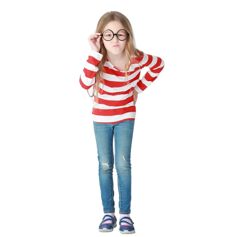 Фото Костюм для косплея Chlid Wally Waldo, рубашка в белую и красную полоску для девочек, наряд ко Дню книги мира, нарядное платье №4