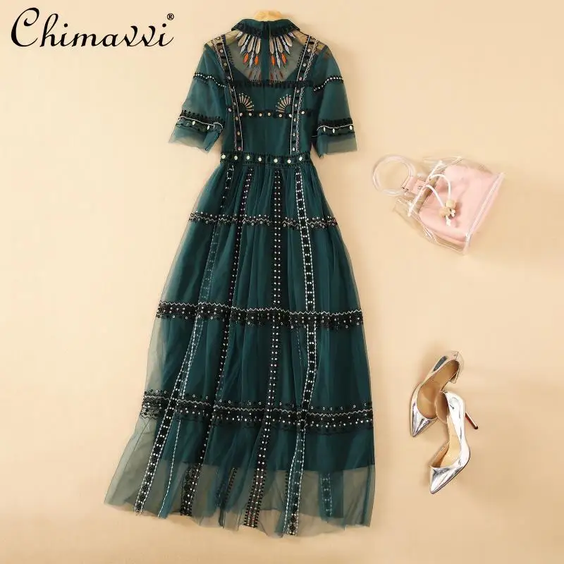 

Новинка 2022, летняя одежда, Европейская станция, тяжелые сетчатые платья с вышивкой, приталенные элегантные длинные платья с высокой талией ...