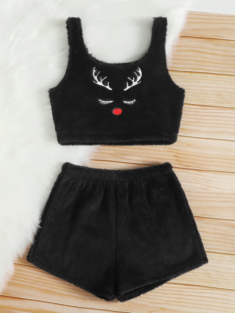 Autumn And Winter Embroidered Camisole Vest Shorts Female Cute Flannel Home Pajamas For Women Sexy Sleepwear