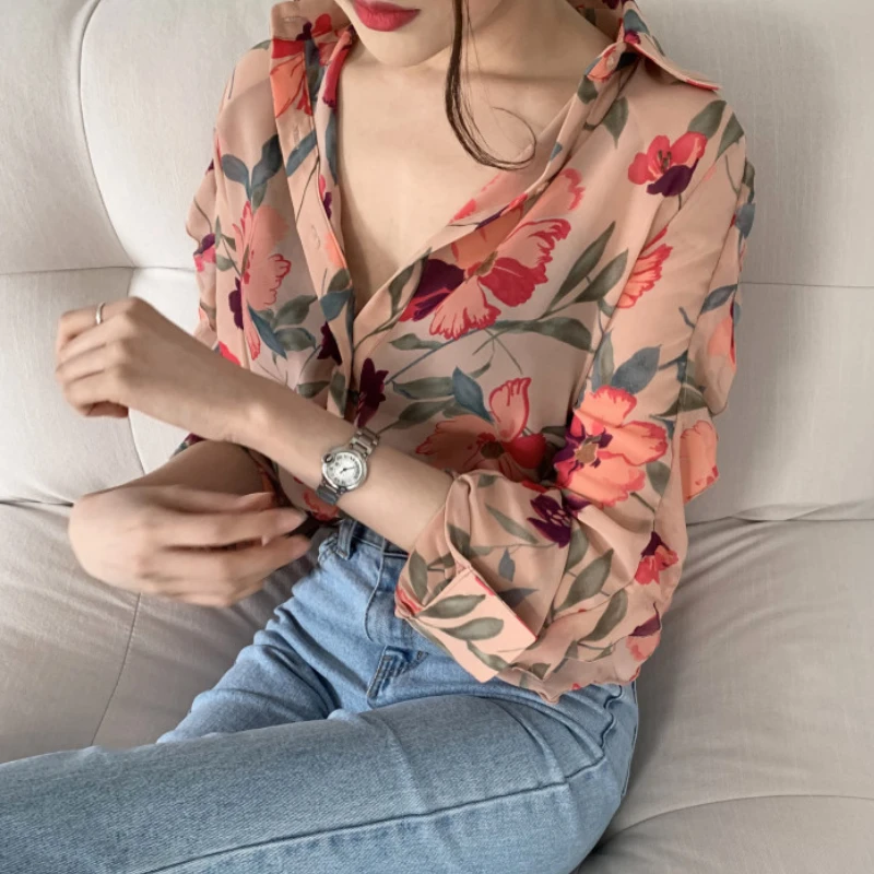 

Spring Fall Casual Chiffon Shirt Floral Print Long Sleeve Lapel Button-up Vintage Blouse Elegant Transparent Tops Woman 2023 New