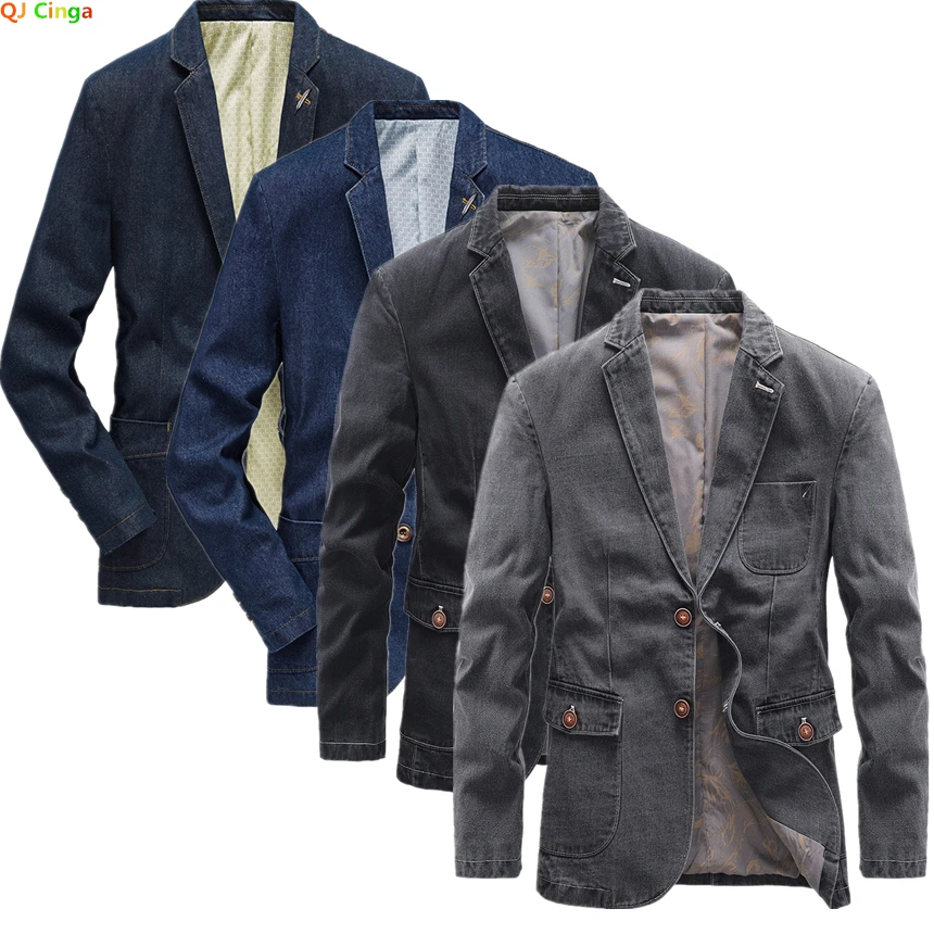 Осенняя синяя мужская джинсовая куртка однобортные повседневные пальто с
