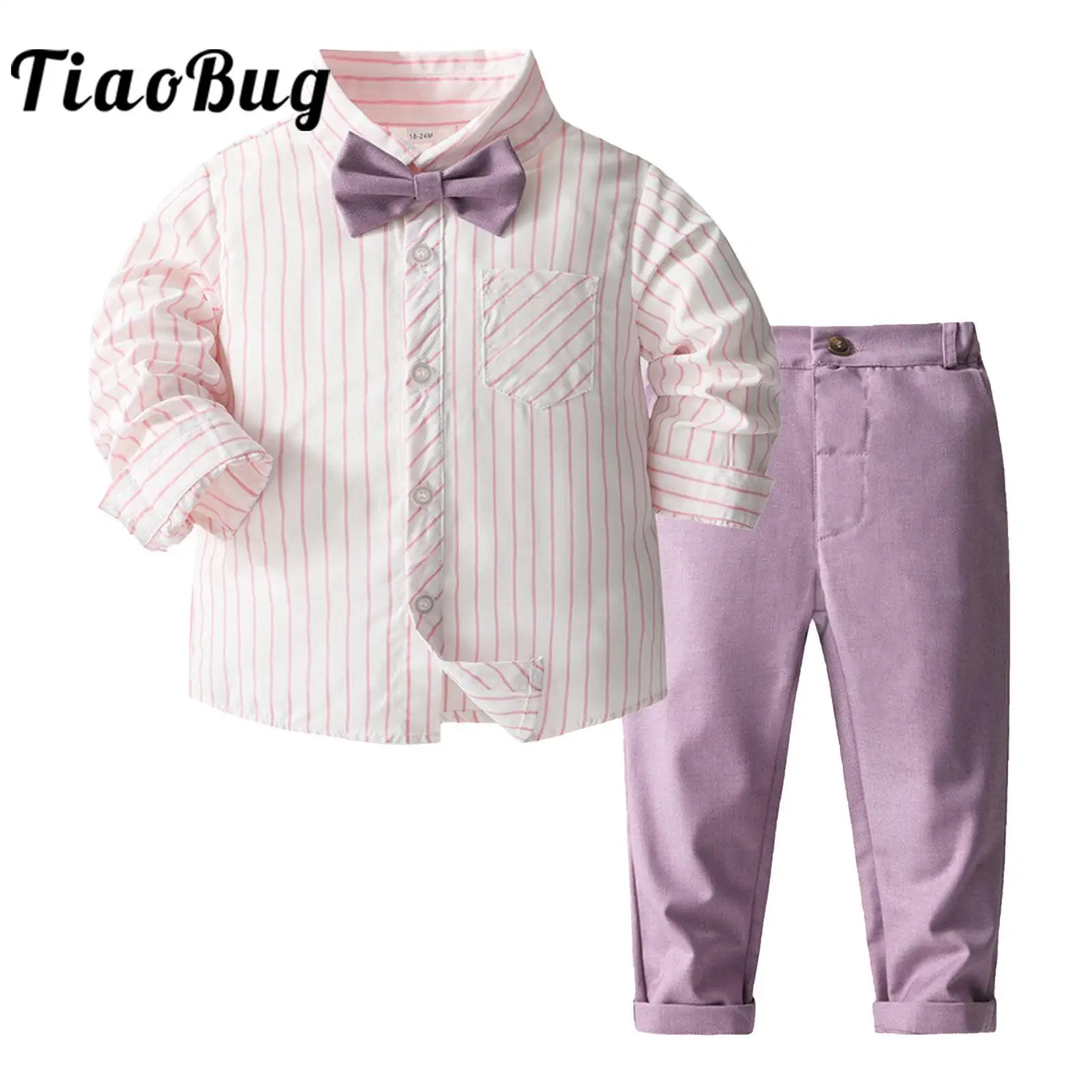 

Детский Костюм Джентльмена для мальчиков, полосатая рубашка с длинными рукавами и галстуком-бабочкой, длинные брюки, официальный костюм для дня рождения, рабочая одежда для первого причастия