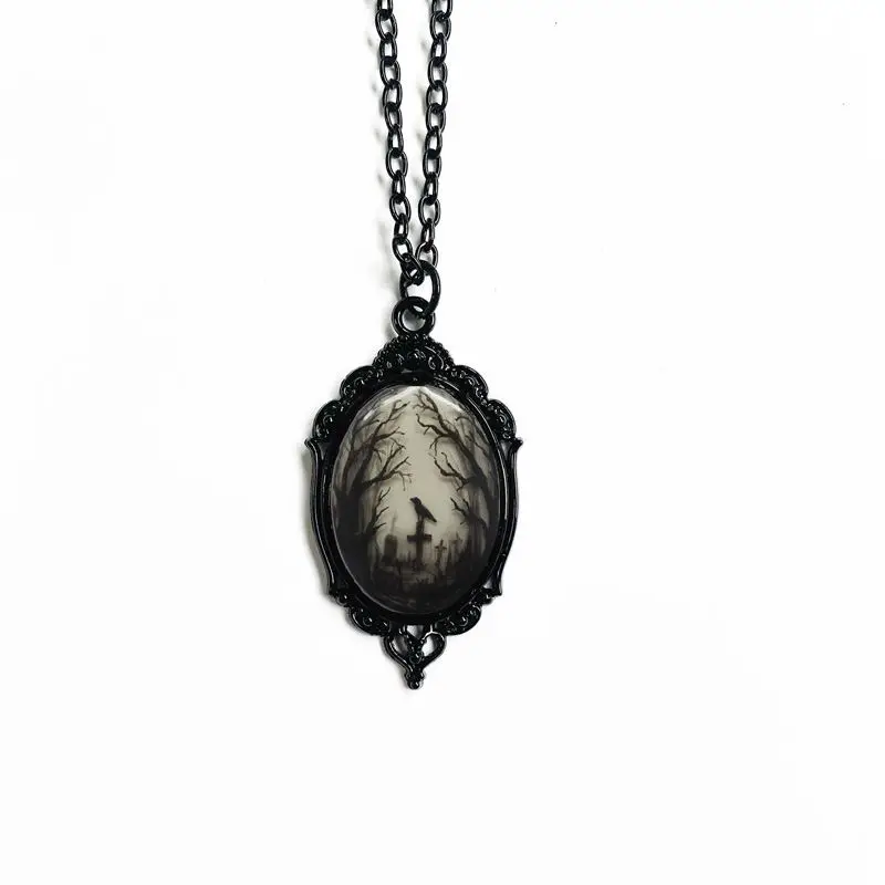 

Gothic Death Crow Charm Necklace Mysterious Pagan Witch Jewelry Accessories Forest Cross Crow Glass Pendant Metal Chain Choker