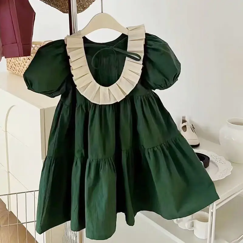 

Kids Dresses for Girls 2022 Summer New Green Ruffle Collar Dress Girls' Bubble Sleeve Backless Children's Short Sleeve Skirt