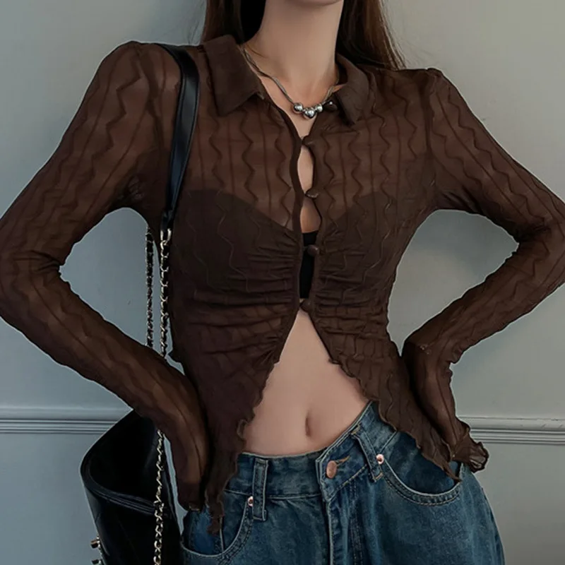 

See Through Sexy Mesh Girl Tees 2022 Vintage White Folds Cute Y2K Shirts Women Elegant Fashion Flared Sleeve Button Tops