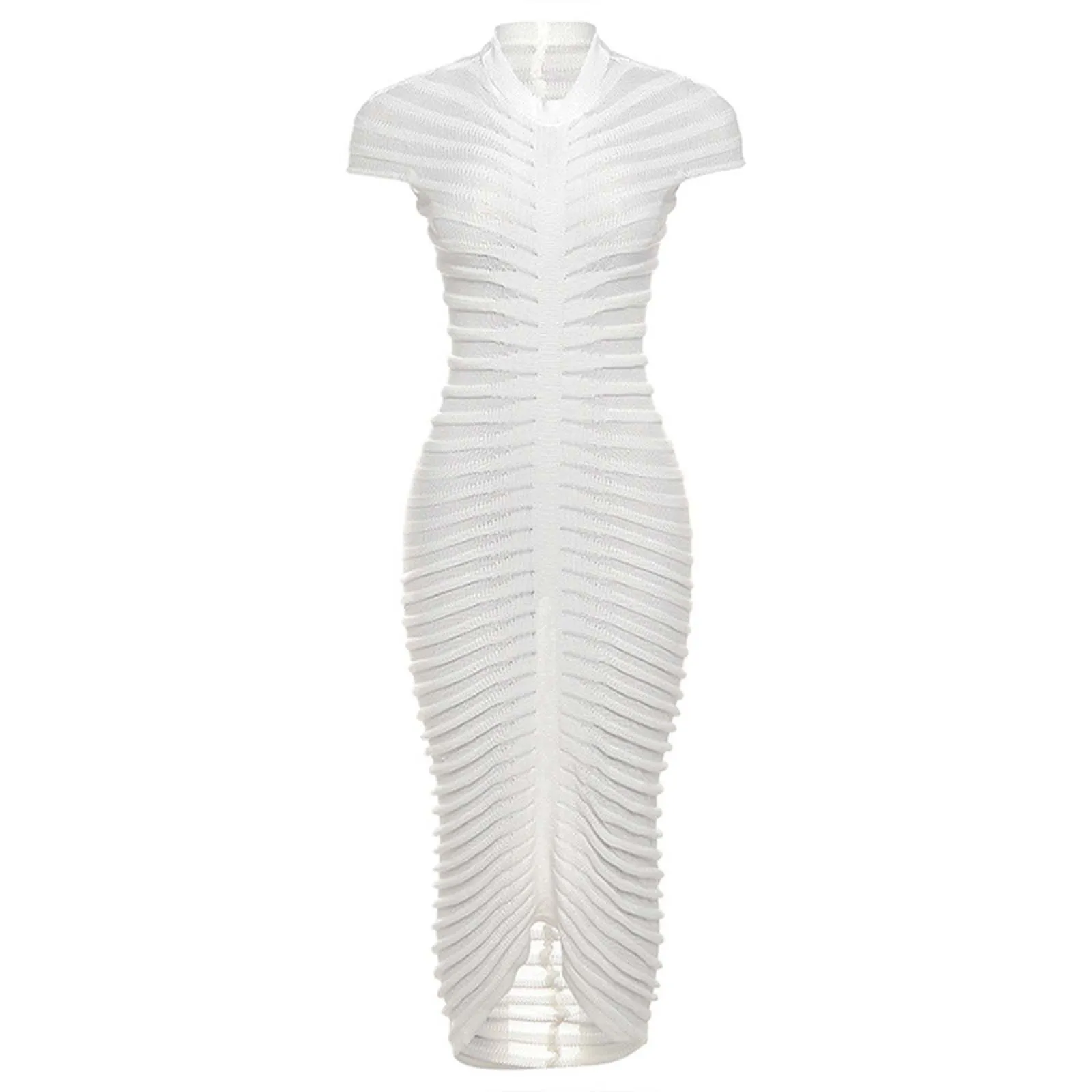 Летнее женское вязаное платье макси в хипстерскую полоску с рюшами и короткими