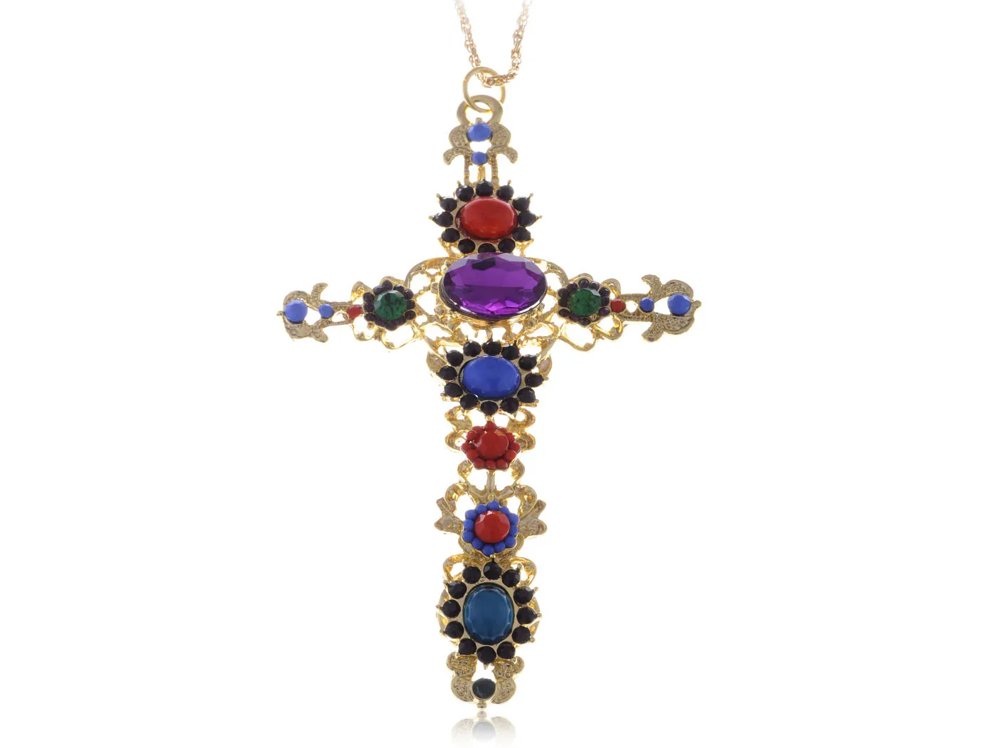 

Golden Tone Festive Multicolor Crystal Rhinestone Holy Cross Pendant Necklace