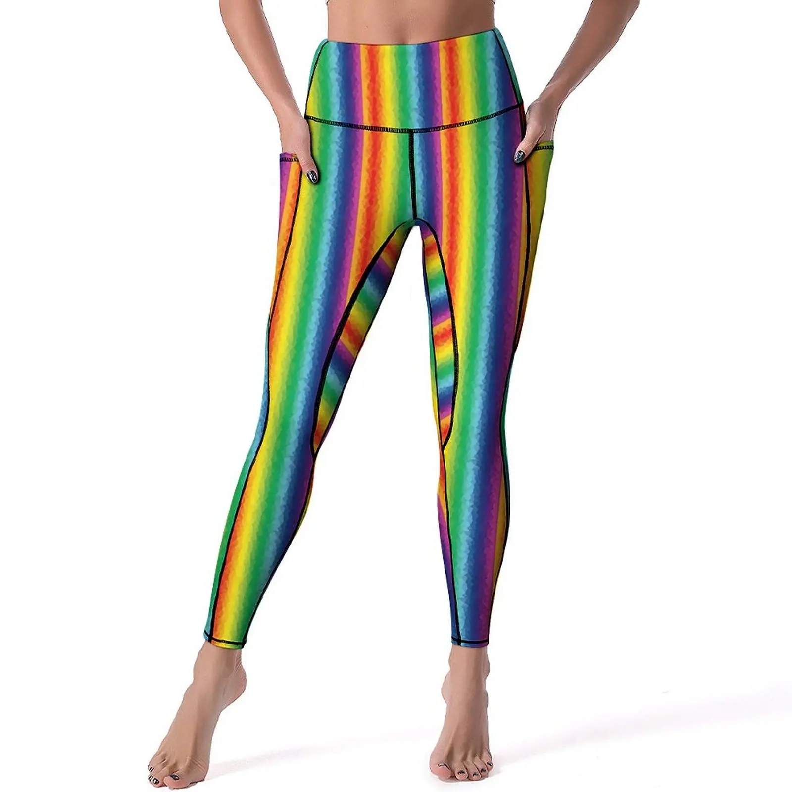 

Colorblock Yoga Pants Sexy Rainbow Stripes Design Leggings High Waist Workout Gym Leggins Women Sweet Quick-Dry Sports Tights