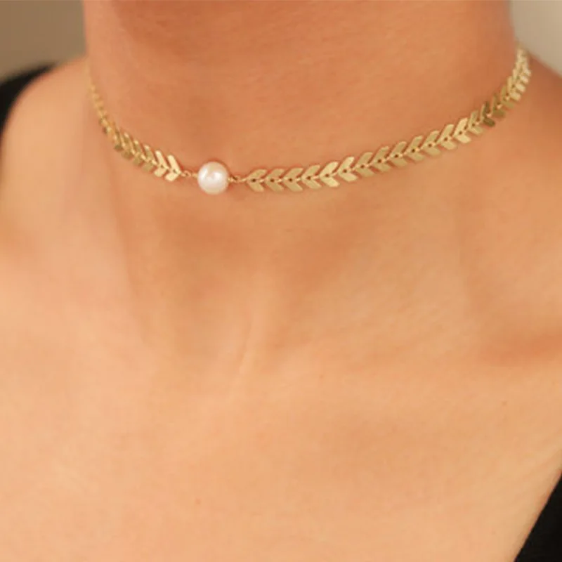 

2022 Simple Personality Fishbone Handmade Chain Choker Necklace For Women Trend Party Jewelry Chokers Pearl Necklaces