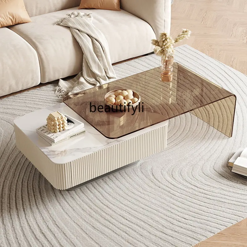 

yj Cream Wind Retractable Stone Plate Tea Table Simple Modern Light Luxury Acrylic Storage Tea Table