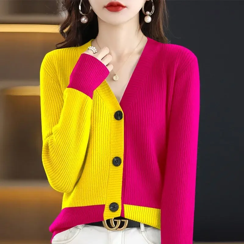 

Повседневный Модный Цветной вязаный кардиган с V-образным вырезом, свитер, женская одежда, Осенние новые свободные корейские топы, подходящие ко всему пальто N113