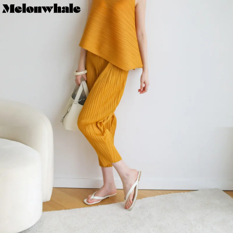 

MelonWhale Pleated Pencil Pants for Women Pocket Solid Color Elastic Waist 2023 Spring New Female Vertical Grain Trousers