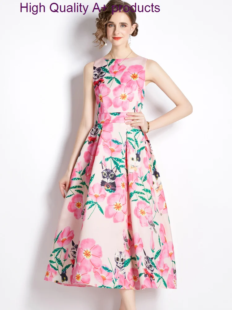 

Designer Runway Floral Print Midi Party Dresses for Women Summer Fashion Sundress Sleeveless Empire O Neck Casual Aline Vestidos