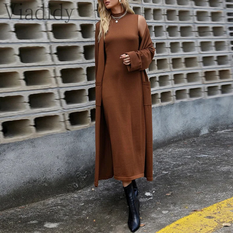 

Women Casual Solid Color Sleeveless Knitted Sweater Dress and Long Sleeve Pocket Decor Maxi Cardigan 2pcs Set