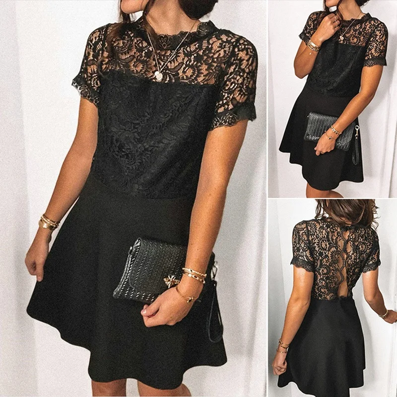 

Women's Fashion Temperament Lace Backless Short-Sleeve A-Line Thin Dress Black