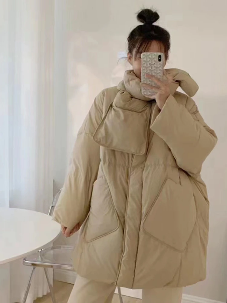 

2022 Winter New Women Jacket Coat 90% White Duck Down Warm Outerwear Detachable Scarf Collar Warm Thick Loose Fashion Streetwear