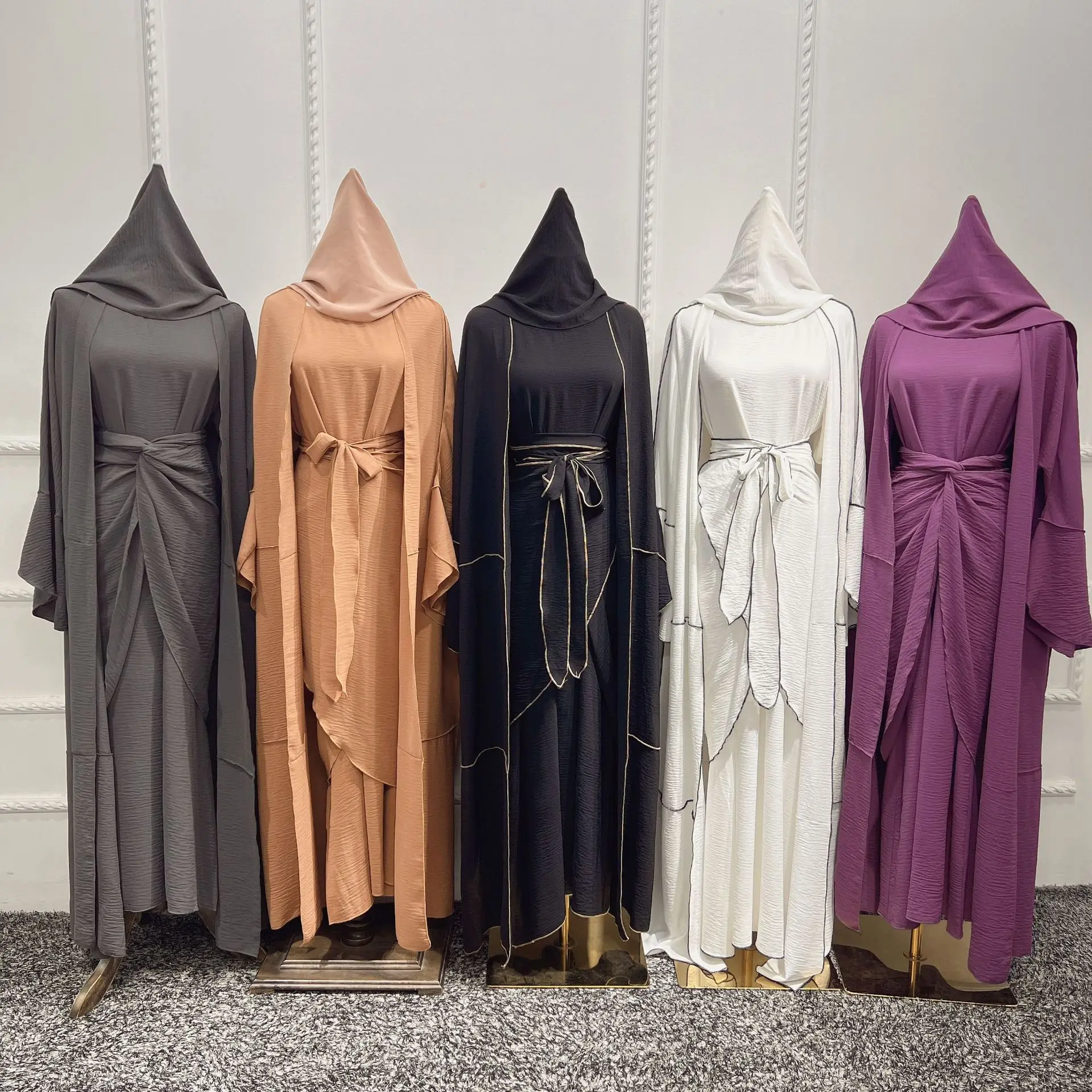Eid 3 Piece Matching Muslim Sets Crinkle Abayas for Women Dubai Hijab Dress Open Abaya Kimono Wrap Front Maxi Skirt Islam Outfit