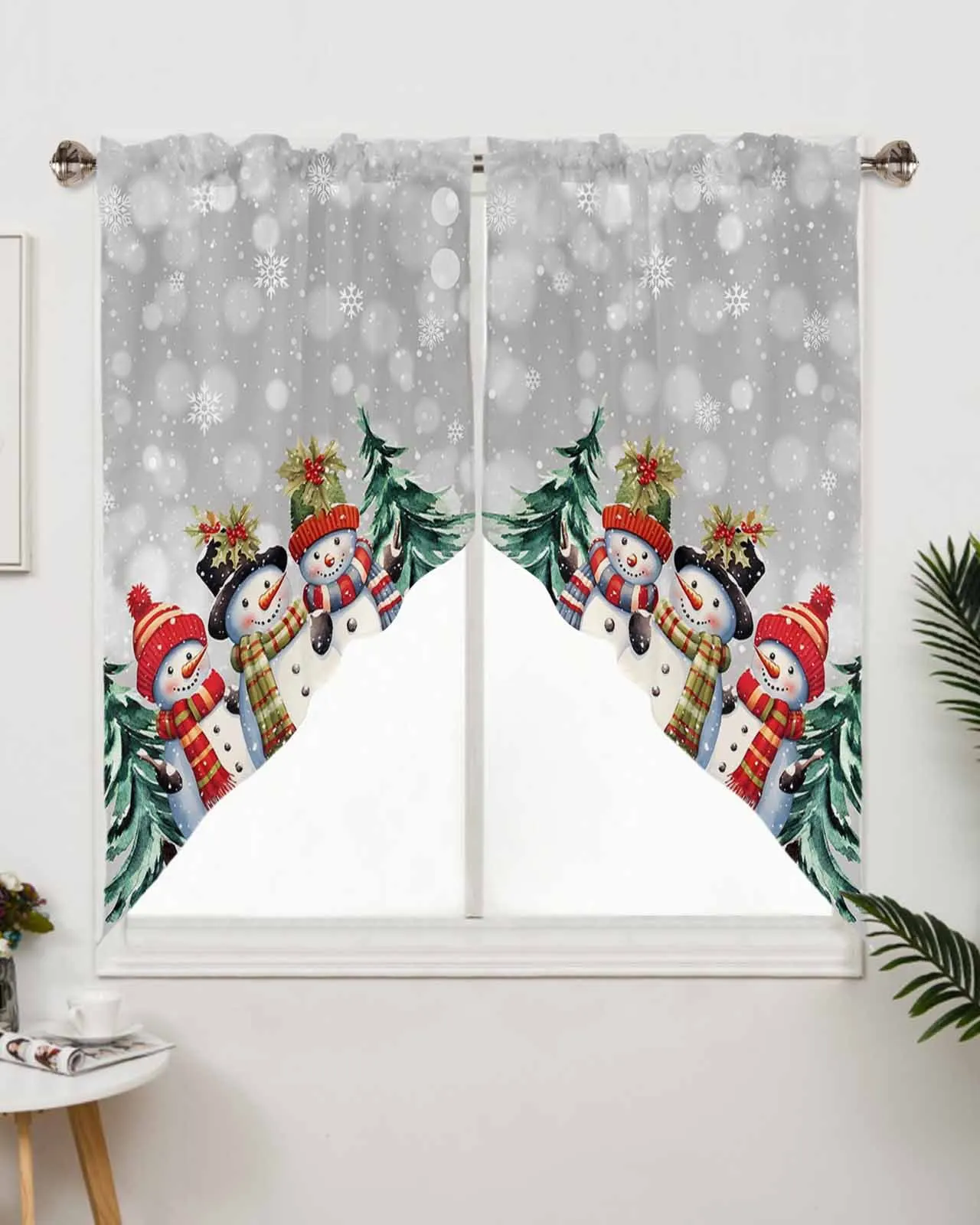 

Рождественские снеговики, снежинки, дерево, оконные шторы для гостиной, кухни, занавески, Рождественский домашний декор, треугольная занавеска