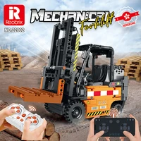 reobrix 22002 electromechanical engineering forklift remote control dump truck model assembly building block toys 722 pieces