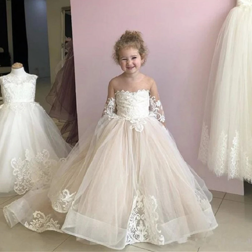 

Милое Тюлевое платье с круглым вырезом и цветочным принтом для девочек, классическое платье-трапеция с аппликацией и длинным рукавом, платье до пола для свадьбы, детское платье на день рождения с бантом