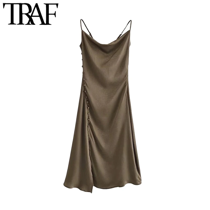 

TRAF Women Fashion Front Slit Soft Touch Midi Dress Vintage Backless Side Zipper Thin Straps Female Dresses Vestidos Mujer