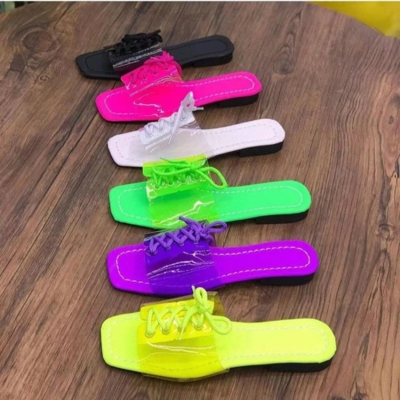 

Women's Summer Transparent Sandals Word Lace Up Flat Bottom Slippers PVC Plus Size Light Beach Candy Color Flat Shoes