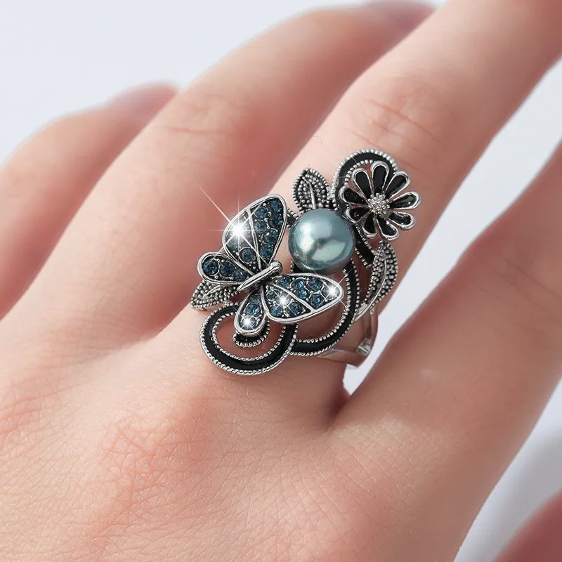 

2022 Trendy Ink Blue Pearl Butterfly Crystal Women's Ring for Engagement Wedding Jewelry Copper Accessories Rings for Women
