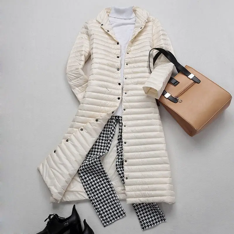 

Новинка 2022, зимняя женская Ультралегкая пуховая куртка, женское тонкое длинное теплое пальто на белом утином пуху, Женское пальто, портатив...
