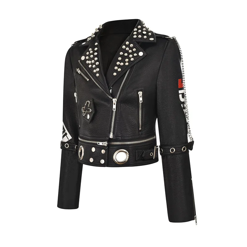 Motorcycle Leather Jacket Women Short Fashion Rock Punk Studded Streetwear Printed Black PU Leather Heavy Coats jaqueta de couro