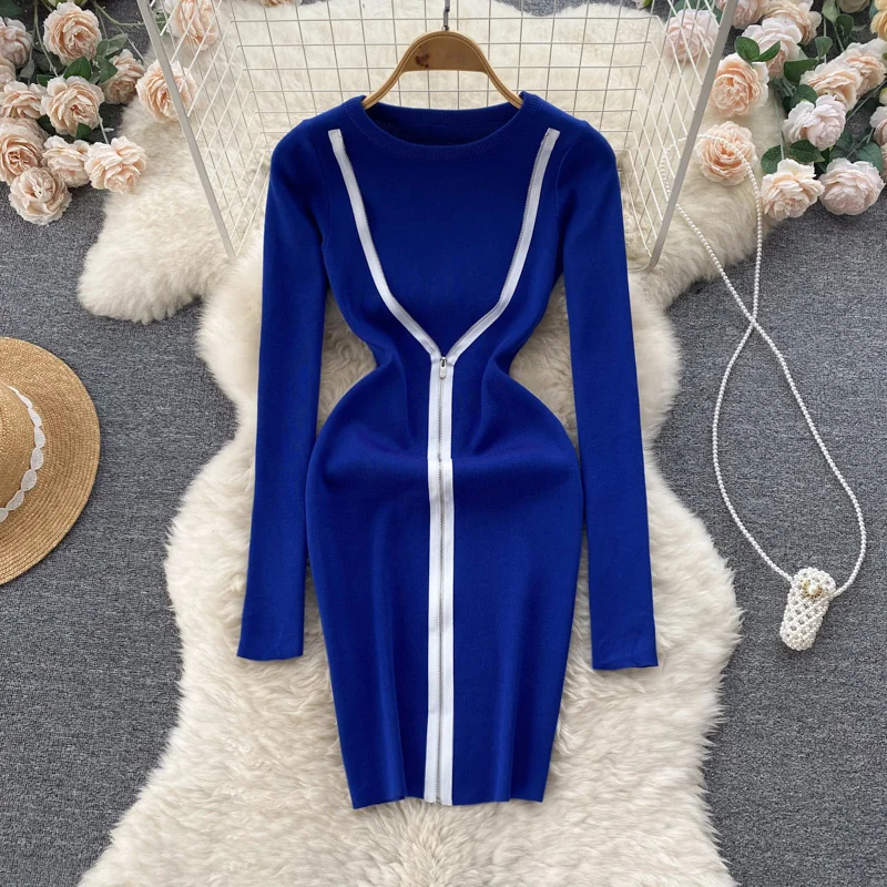 

Облегающий свитер на молнии в стиле пэчворк осень облегающий вязаный хлопковый свитер короткое платье зимнее женское повседневное стрейчевое облегающее Клубное платье