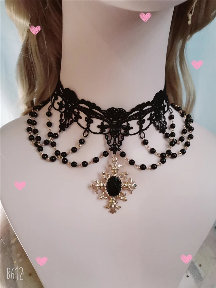 

Gothic Victorian Black Lace Necklace Women Girl Crystal Tassel Sexy Lace Choker Steampunk Dark Lolita Style Halloween Jewelry