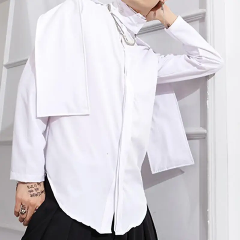 Spring Summer Men's New Personality Custom Large Size Fashion Casual Solid Color Scarf Collar Stand-up Collar Round Shirt S-4XL