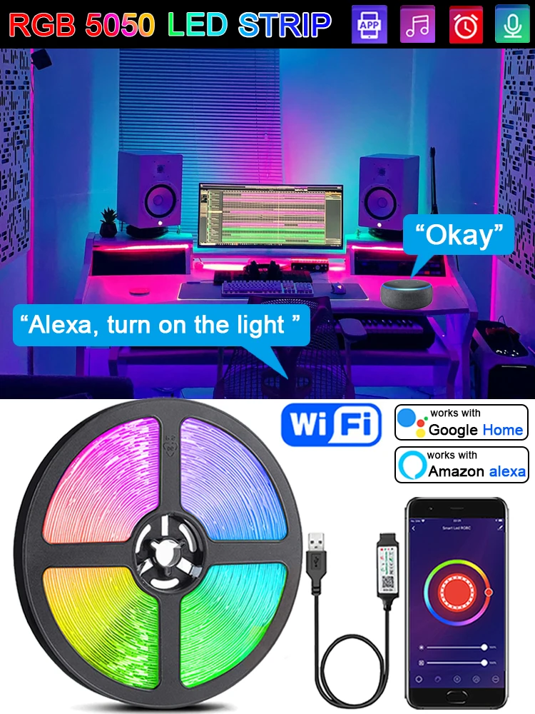 Умная Светодиодная лампа с Wi-Fi, RGB 5050, Светодиодная лента для ...