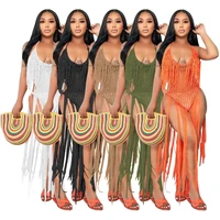 crochet knitted long tassel bodysuits women sexy summer beach outfits deep v neck lace up halter backless romper female swimsuit